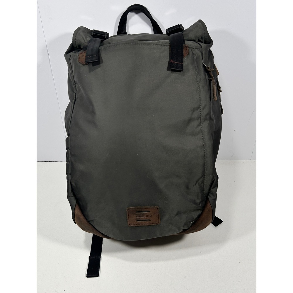 Timbuk2 Roll Top Backpack Olive Green Nylon Brown Leather Trim Laptop Sleeve